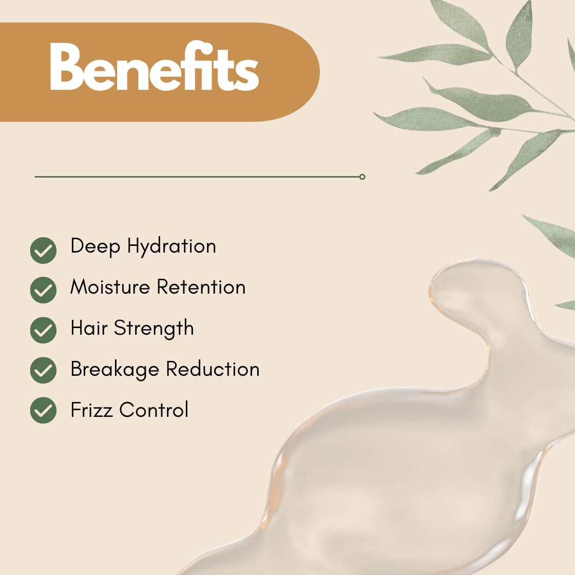  "Hair care benefits  list of "Xylishine", in a beige background with green leaves and liquid. Includes deep hydration, moisture retention, hair strength, breakage reduction, and frizz control."