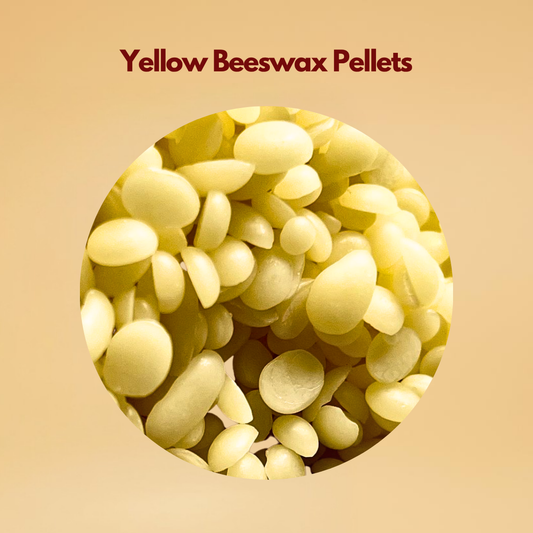 Yellow Beeswax Pellets , a natural wax, is used for making skincare formulation and wax melts. Shown in a round shape of graphic with a light creamy background. 