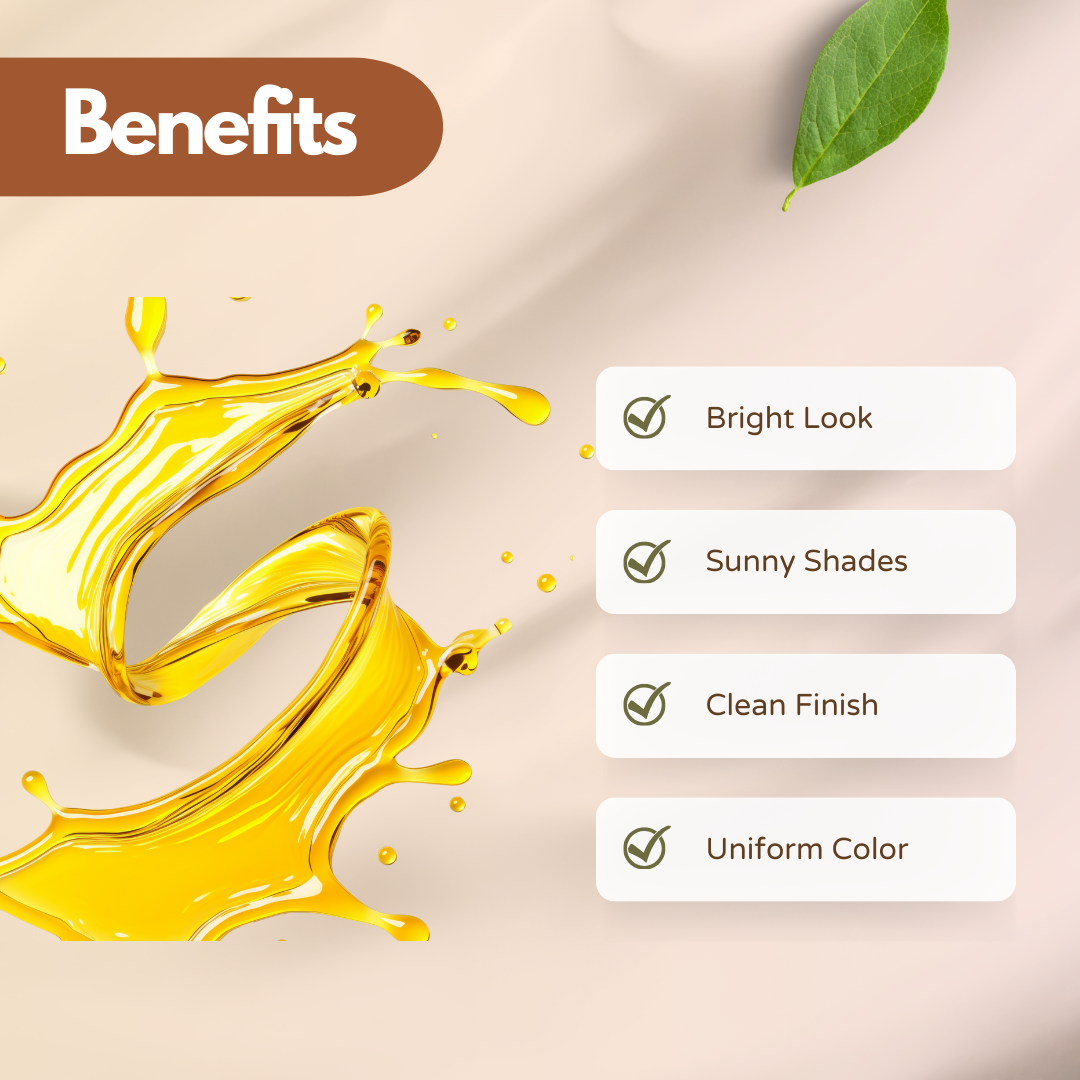 Yellow soap color splash on beige background with a green leaf. Text box titled 'Benefits' lists: Bright Look, Sunny Shades, Clean Finish, Uniform Color.