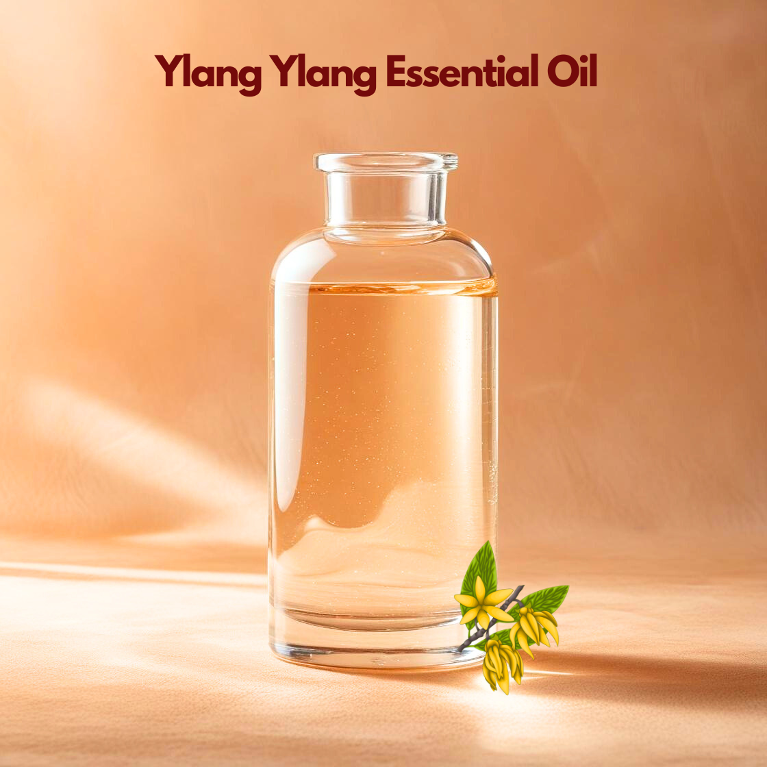 Cosmetic grade Ylang Ylang Essential Oil in a clear glass bottle with yellow flowers, commonly used in premium skincare and haircare formulations.