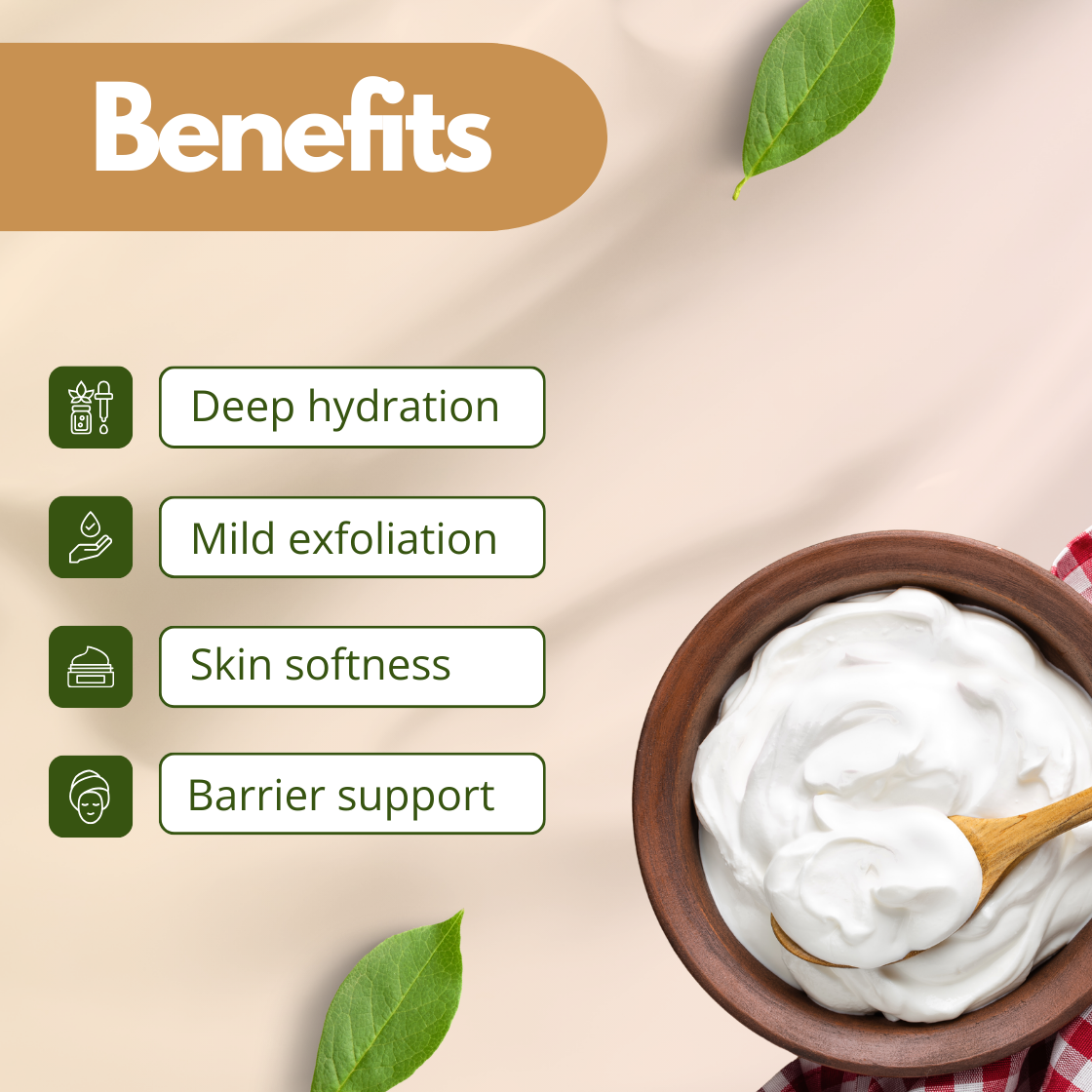  Infographic showing cosmetic benefits of yogurt extract for skincare formulations, featuring a wooden bowl filled with thick white yogurt cream and a wooden spoon on a soft beige background with green leaves. The graphic lists skincare benefits including Deep hydration, Mild exfoliation, Skin softness and Skin Barrier Support. This image represents "Yogurt Extract" used as a natural cosmetic ingredient in facial creams, lotions, soaps, masks, and personal care formulations.