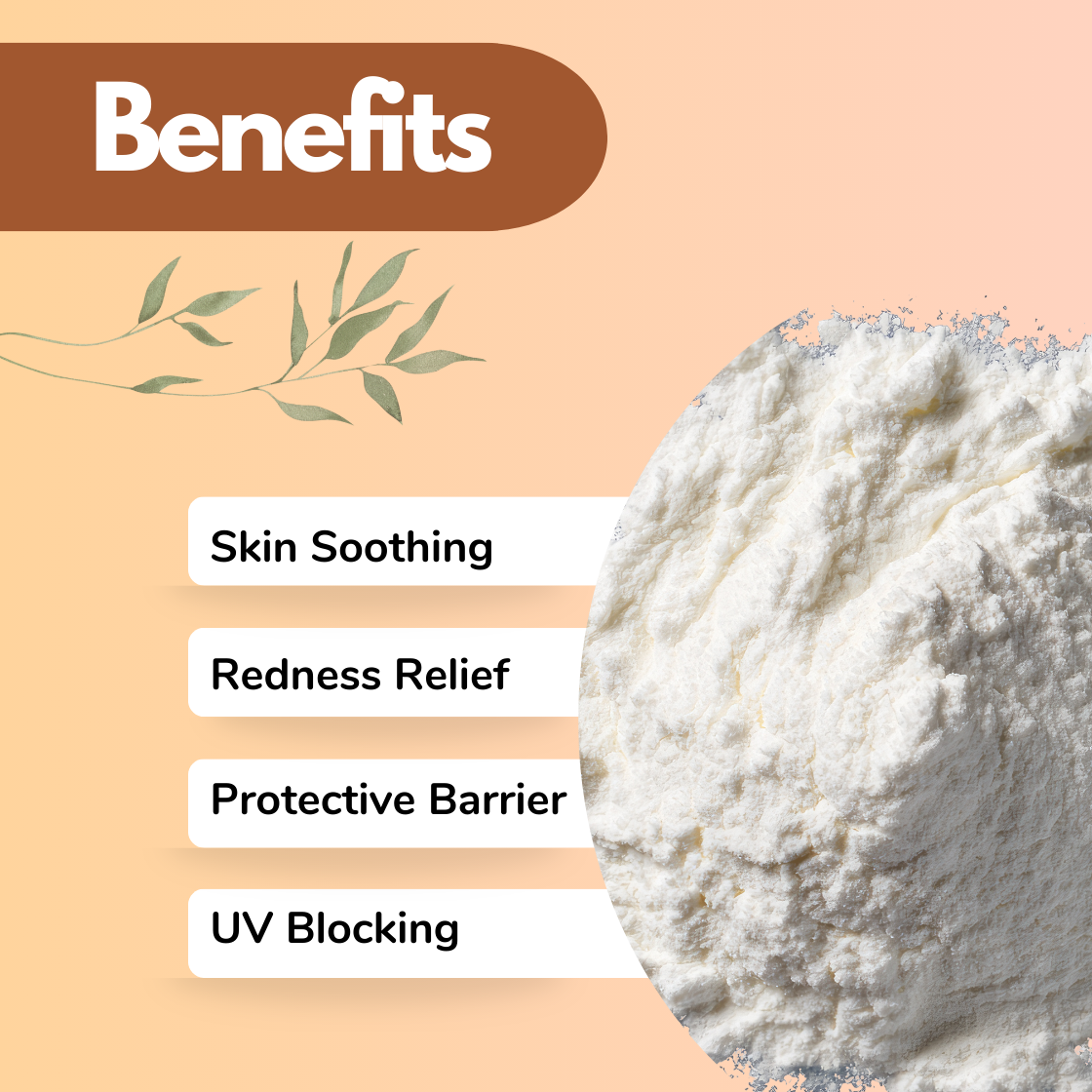 Cosmetic ingredient infographic showing fine white "Zinc Oxide" powder used in protective skincare formulations, highlighting benefits including skin soothing, redness relief, protective barrier support and UV blocking properties. This mineral ingredient is commonly used in sunscreens, skincare creams and protective cosmetic formulations.